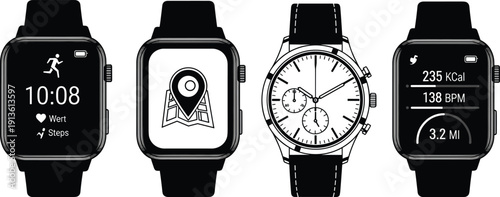 Vector set of smartwatches and analog wrist watch, fitness tracker with health data, map navigation and clock face, isolated on white background.
