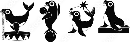 Vector silhouette set of circus seals performing tricks with balls and stars, isolated on white background for entertainment and zoo design concepts