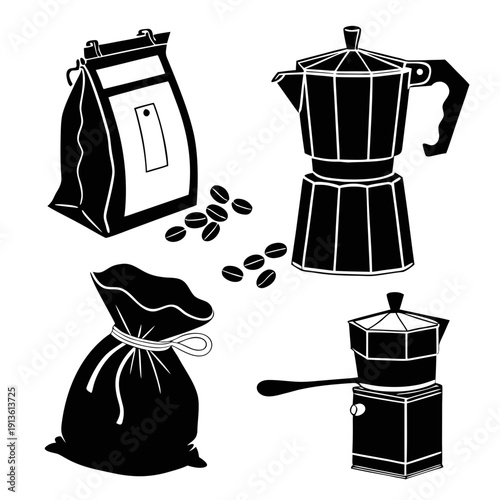 Coffee beans and coffee makers illustration