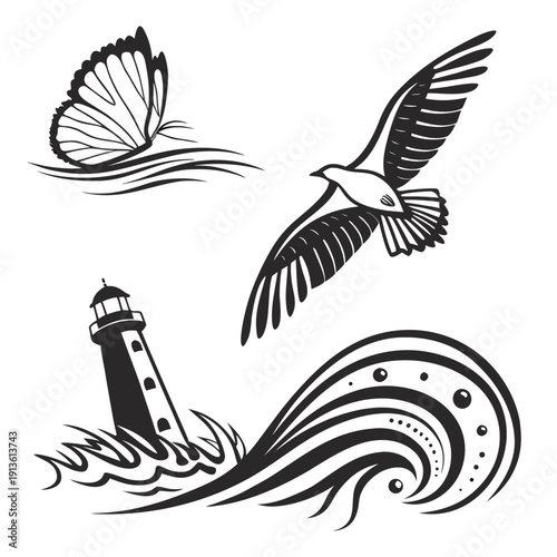 A black and white drawing of a lighthouse, a bird, and a butterfly