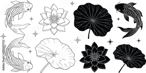 Black and white koi fish silhouette set, lotus flower and lily pad icons, oriental zen garden elements, isolated vector illustration,