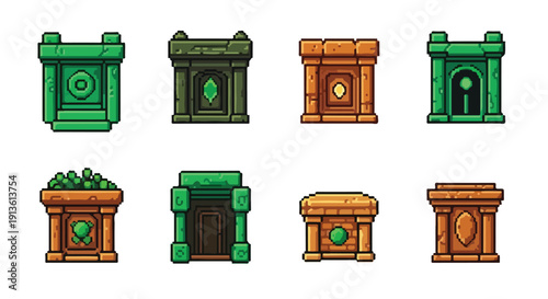 A collection of eight pixel-art game assets featuring stylized ancient stone structures and pedestals in varying green and brown hues.