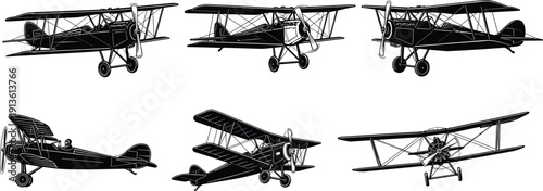 Vintage biplane silhouette collection, retro aircraft vector set, old flight aviation symbol, classic airplane illustration, isolated white background, pilot transport design, black art.