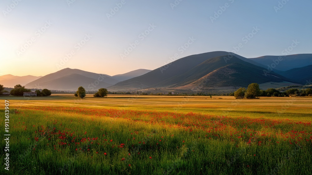 Obraz premium Serene Landscape of Rolling Hills and Colorful Wildflowers at Sunrise with a Clear Blue Sky and Gentle Light Reflecting on the Meadow
