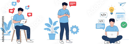 Young man using digital devices, tablet for social media, phone for chat, laptop for coding, flat vector illustration set, technology concept, work.