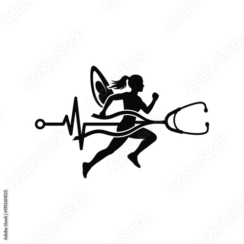 Running nurse silhouette logo with fairy wings medical heartbeat line and stethoscope symbol design