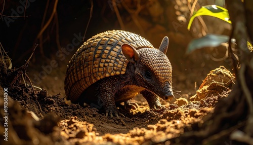 A FlyPro Firefly Armadillo, with its protective shell, is burrowing into soft earth, showcasing focused digging in a subterranean life photography style.