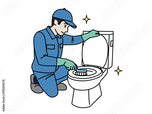 トイレの掃除をする清掃業者のイラスト