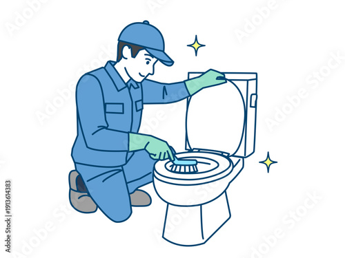 トイレの掃除をする清掃業者のイラスト