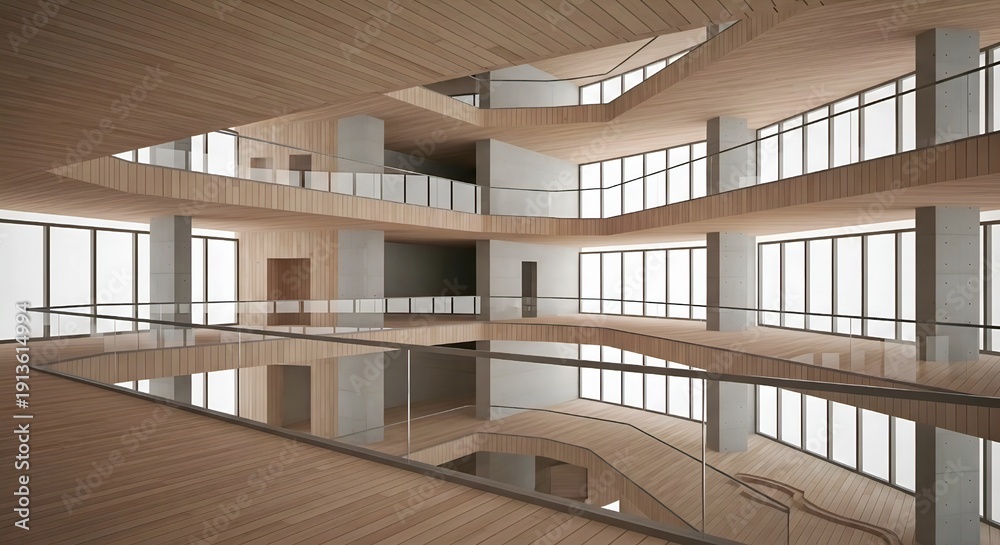 Obraz premium Luxury Modern House Interior with Wooden Ceiling and Open Space – High End Real Estate Concept