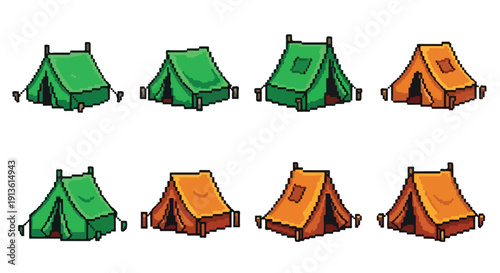 A collection of pixel art camping tents in various green and orange shades, presented in different perspectives suitable for retro game assets.