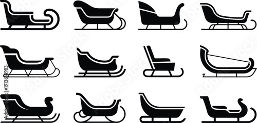 A comprehensive set of various sleigh designs depicted as clean black silhouettes on a white background