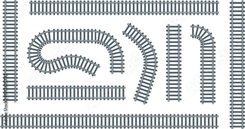 A diverse collection of straight and curved railroad track segments arranged neatly on a clear white background