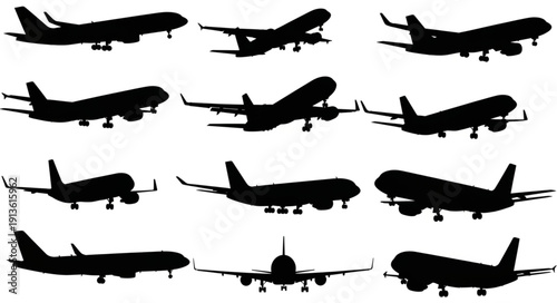 Collection of airplane silhouettes in various flight positions.