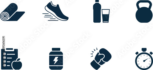 A dynamic assortment of fitness and exercise icons in blue representing a healthy lifestyle