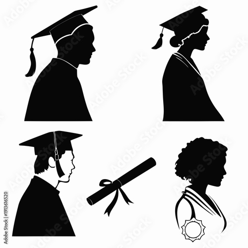 Graduation silhouettes with caps and diploma