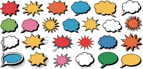 A dynamic assortment of retro comic style speech bubbles and burst shapes on white