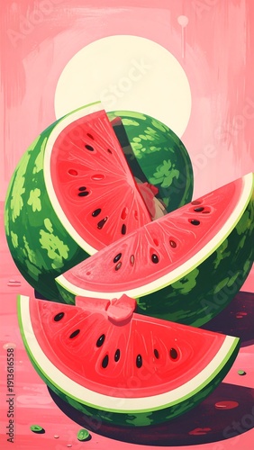 Vibrant illustration of a halved watermelon with cut slices against pink