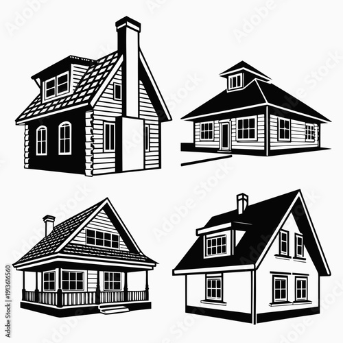 Four different house designs with various roof styles