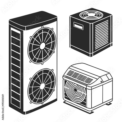 Three different types of air conditioning units are shown