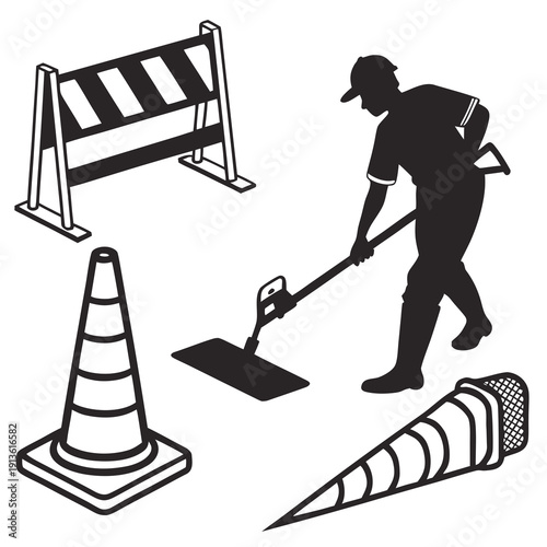 A man is using a shovel near roadwork cones