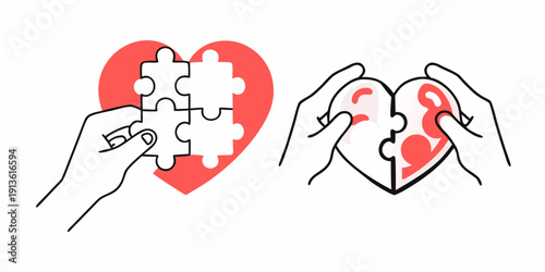 Two hands connecting puzzle pieces to form a red heart shape