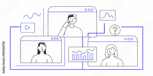 Illustration of a virtual meeting with multiple participants and interface elements