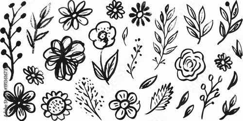 Hand drawn floral collection featuring various sketched blooms and foliage