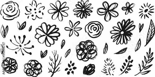 Collection of hand drawn floral sketches in black and white