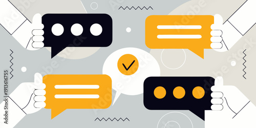 Hands exchanging speech bubbles and a checkmark signifies positive communication