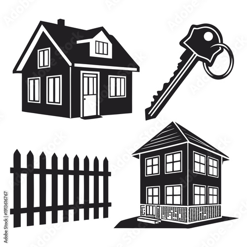 A house, a key, and a fence in black and white