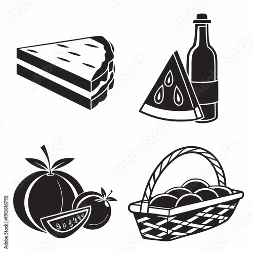 A black and white image of food and drink items