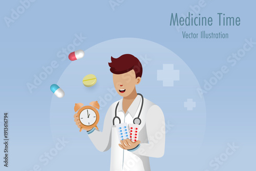 Medicine time concept. Doctor holding alarm clock and medicine capsule tablet reminding patient to take medicine on time. Vector.	
