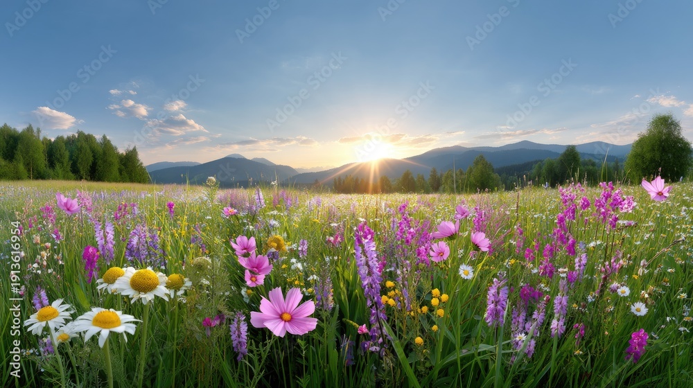 Fototapeta premium Vibrant Wildflower Field at Sunrise with Lush Green Landscape and Majestic Mountains Under Clear Blue Sky