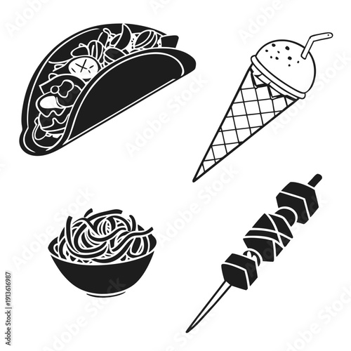 A black and white image of food items