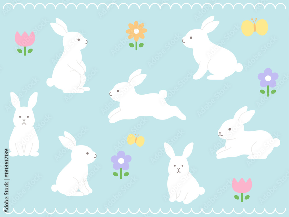 Obraz premium かわいいうさぎのベクターイラストセット。兔、動物