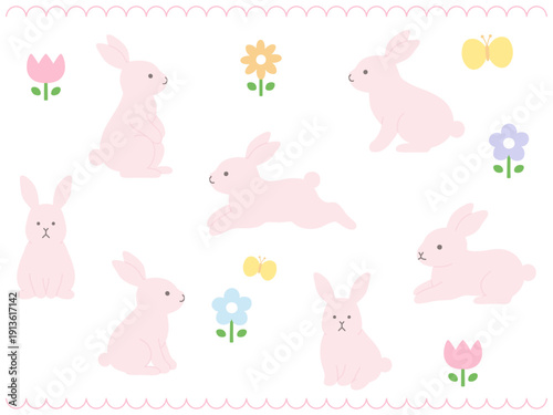 かわいいうさぎのベクターイラストセット。兔、動物