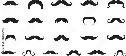 Assortment of 20 black silhouette mustache icons in different styles and sizes Keywords: mustache, moustache, facial hair, beard