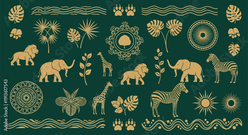 Stylized golden safari animals, exotic foliage, and ethnic decorative patterns on a deep green background.