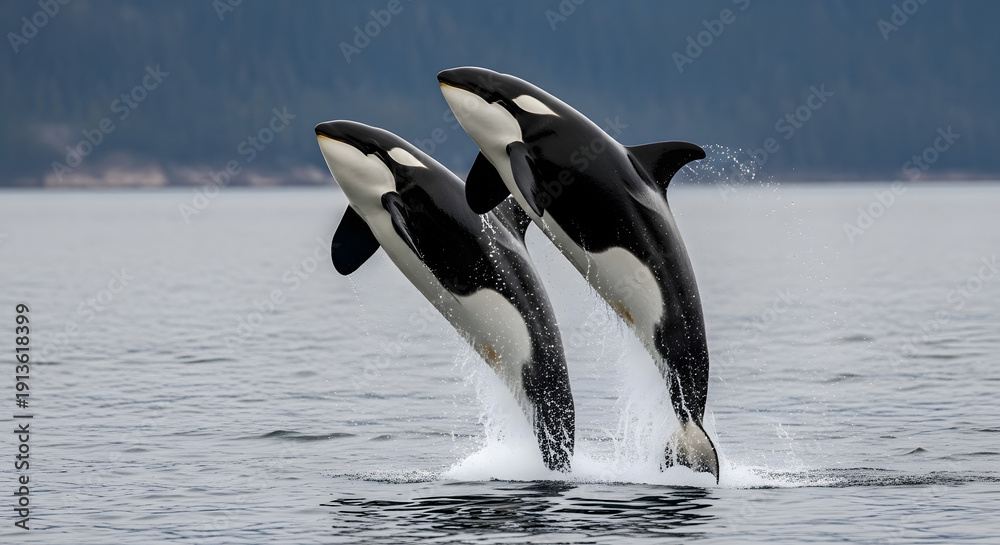 Obraz premium Two orcas jumping out of the water in a stunning display of aquatic acrobatics