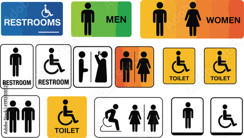 Collection of restroom and toilet signs for men women and disabled people symbol icon