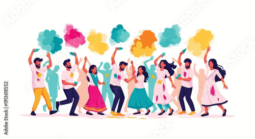 Vector illustration of people celebrating Holi Festival of Colors with colorful smoke and powder in India, joyful and vibrant scene with diverse group of adults and kids.