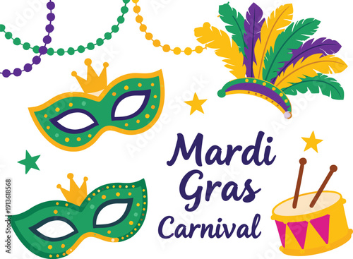 Vector illustration of Mardi Gras carnival elements featuring green and purple masks with golden crowns, festive beaded necklaces, a feathered headdress, and a small drum