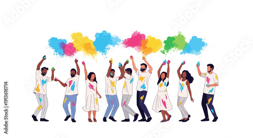 Vector illustration of people celebrating Holi Festival of Colors with colorful smoke and powder in India, joyful and vibrant scene with diverse group of adults and kids.