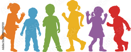 Colorful Silhouettes of Children Playing on White Background kids boys
