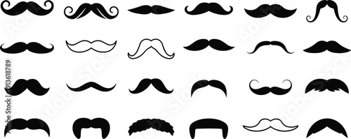 Diverse array of 24 black and white outline mustache icons and silhouettes Keywords: mustache, moustache, facial hair, beard