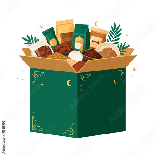 Ramadan Gift Box with Dates and Grains in Green Islamic Box Illustration