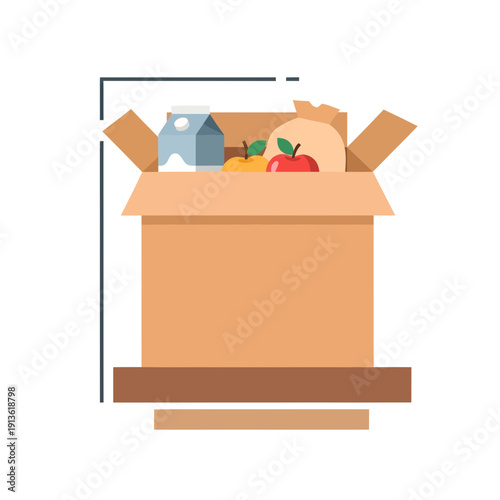 Food Donation Box with Grocery Staples for Charity and Ramadan Giving Concept