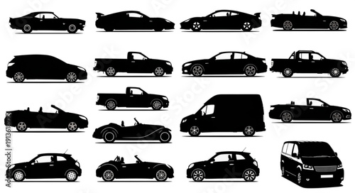 Collection of black car silhouettes in various styles.