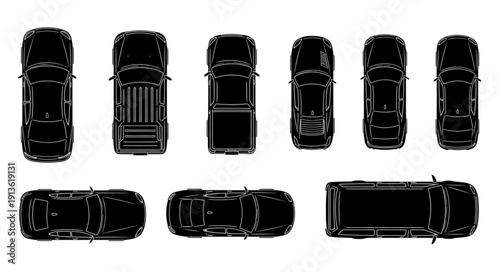 Collection of black car silhouettes seen from above.